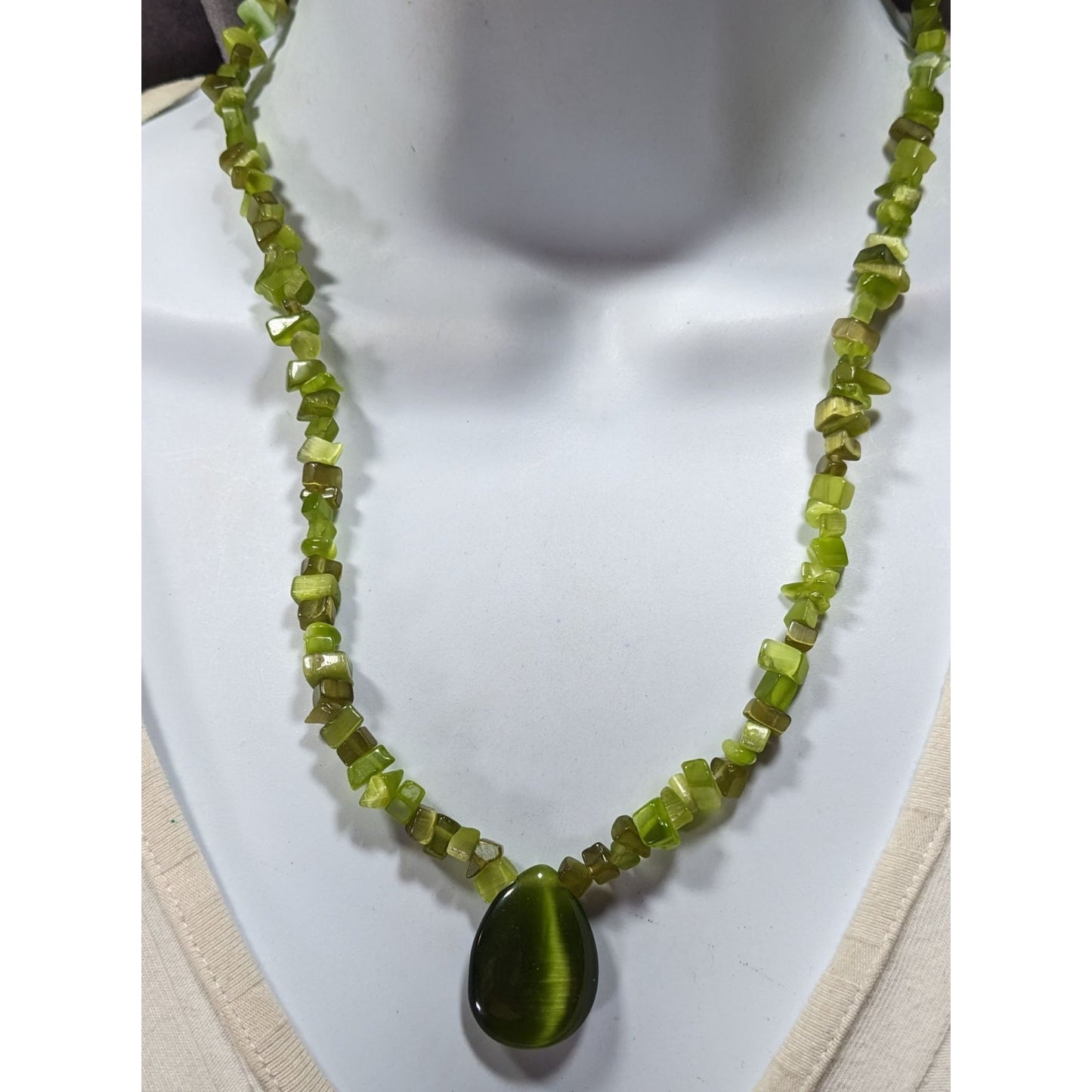 Whimsical Fairycore Green Cat Eye Glass Beaded Teardrop Necklace
