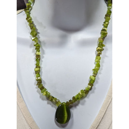 Whimsical Fairycore Green Cat Eye Glass Beaded Teardrop Necklace