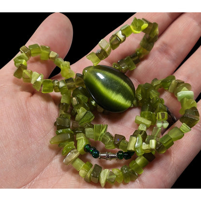 Whimsical Fairycore Green Cat Eye Glass Beaded Teardrop Necklace