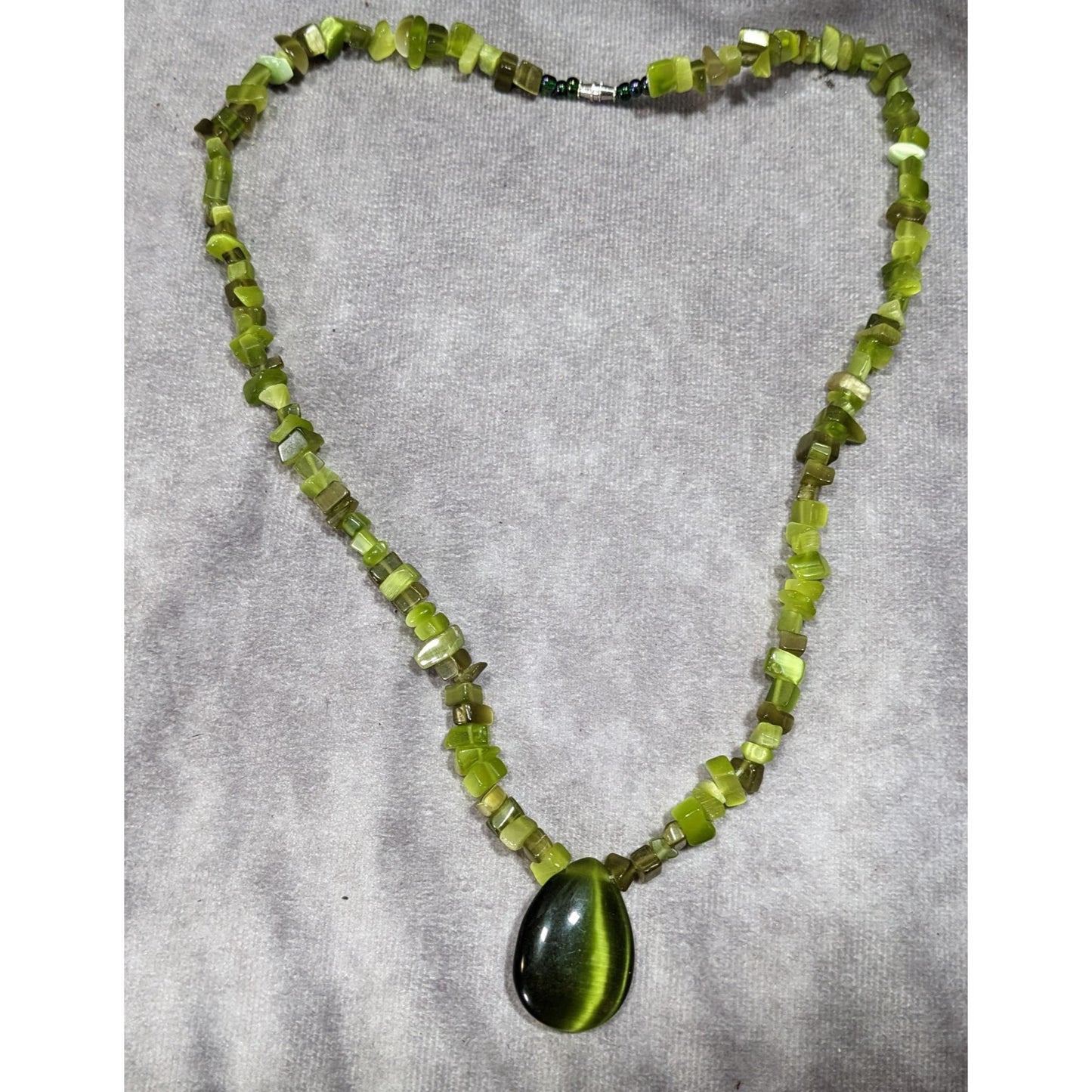 Whimsical Fairycore Green Cat Eye Glass Beaded Teardrop Necklace