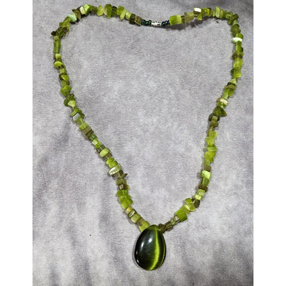 Whimsical Fairycore Green Cat Eye Glass Beaded Teardrop Necklace