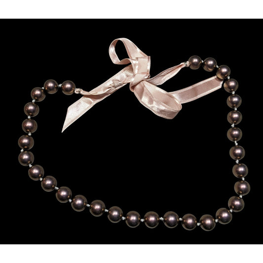 Handmade Brown Pearl Bead Necklace With Pink Satin Tie Ribbon Adjustable Closure
