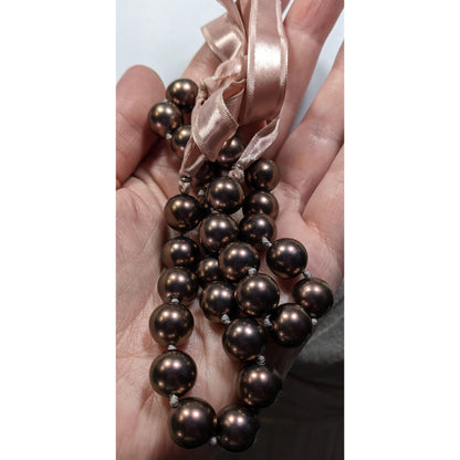 Handmade Brown Pearl Bead Necklace With Pink Satin Tie Ribbon Adjustable Closure