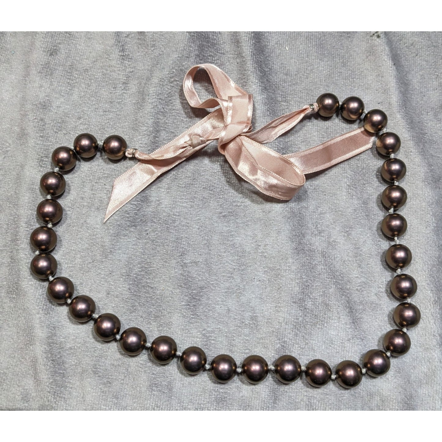 Handmade Brown Pearl Bead Necklace With Pink Satin Tie Ribbon Adjustable Closure