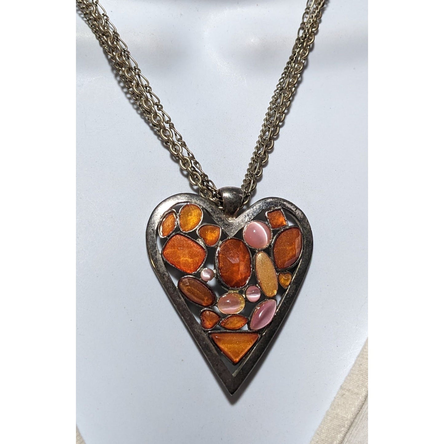 Pink And Orange Gemmed Heart Pendant Necklace