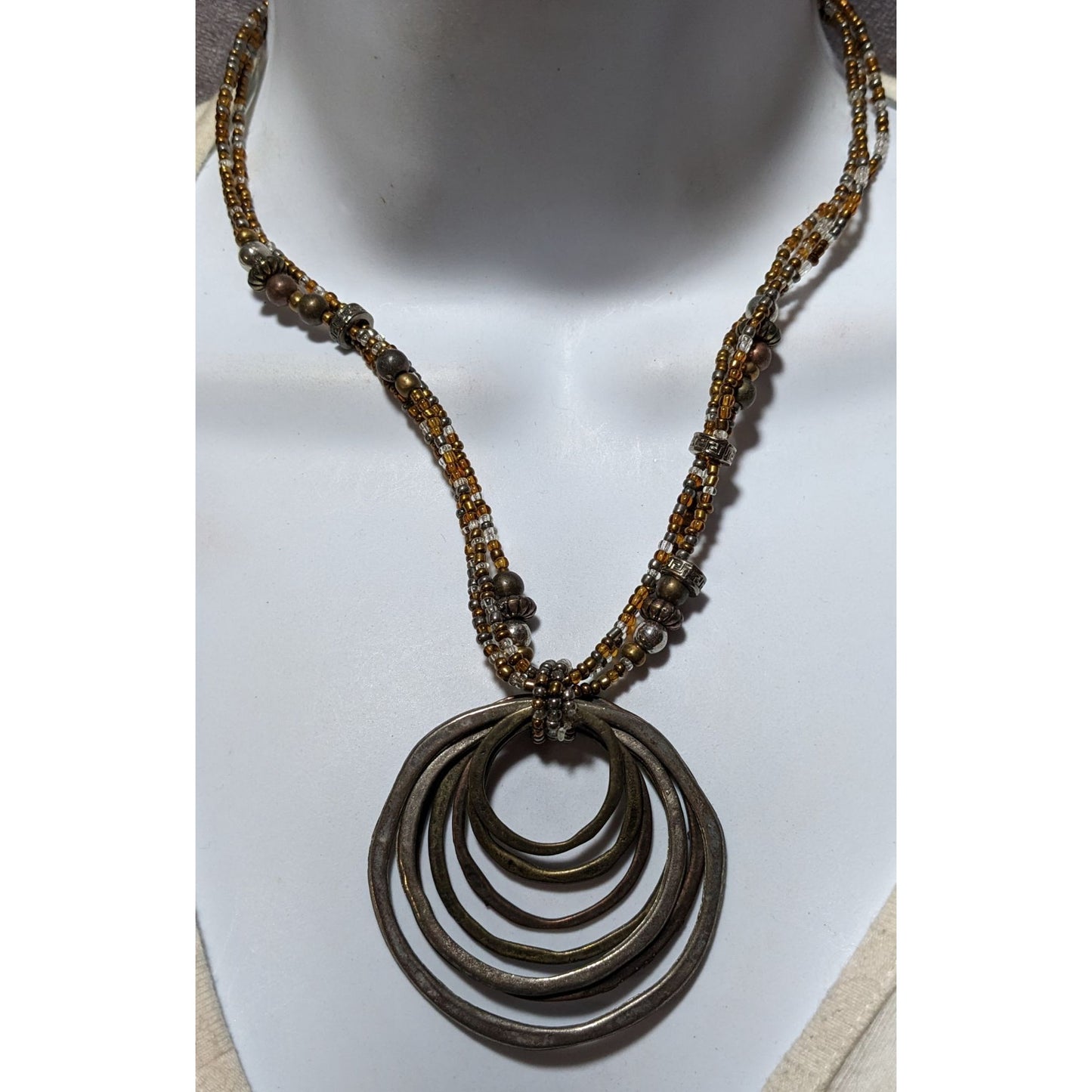 Brutalist Rustic Metallic Beaded Hammered Pendant Necklace