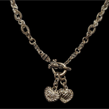 Silver Dual Heart Rhinestone Charm Necklace