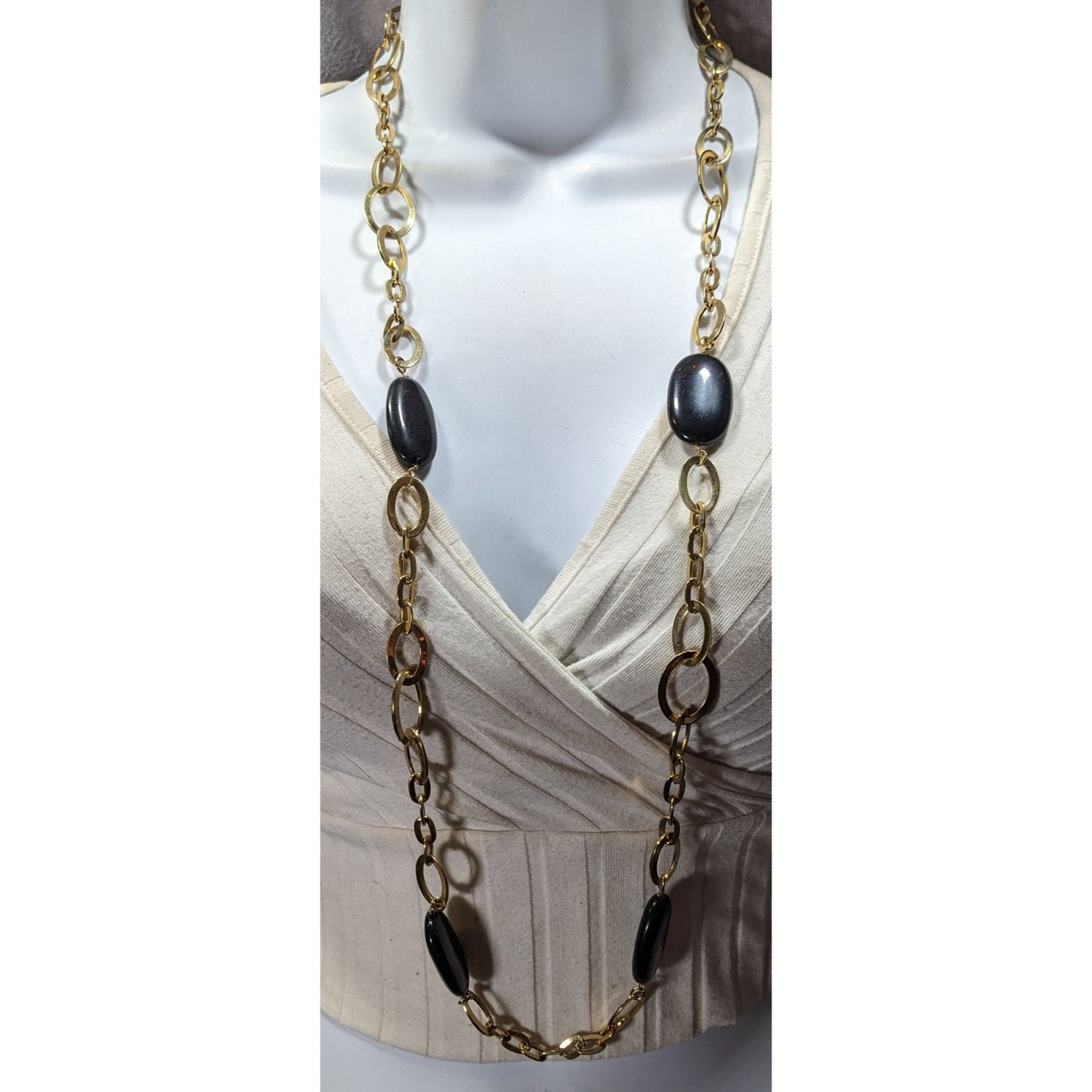 Vintage Glam Monet Gold Tone Station Necklace With Black Bead Accents