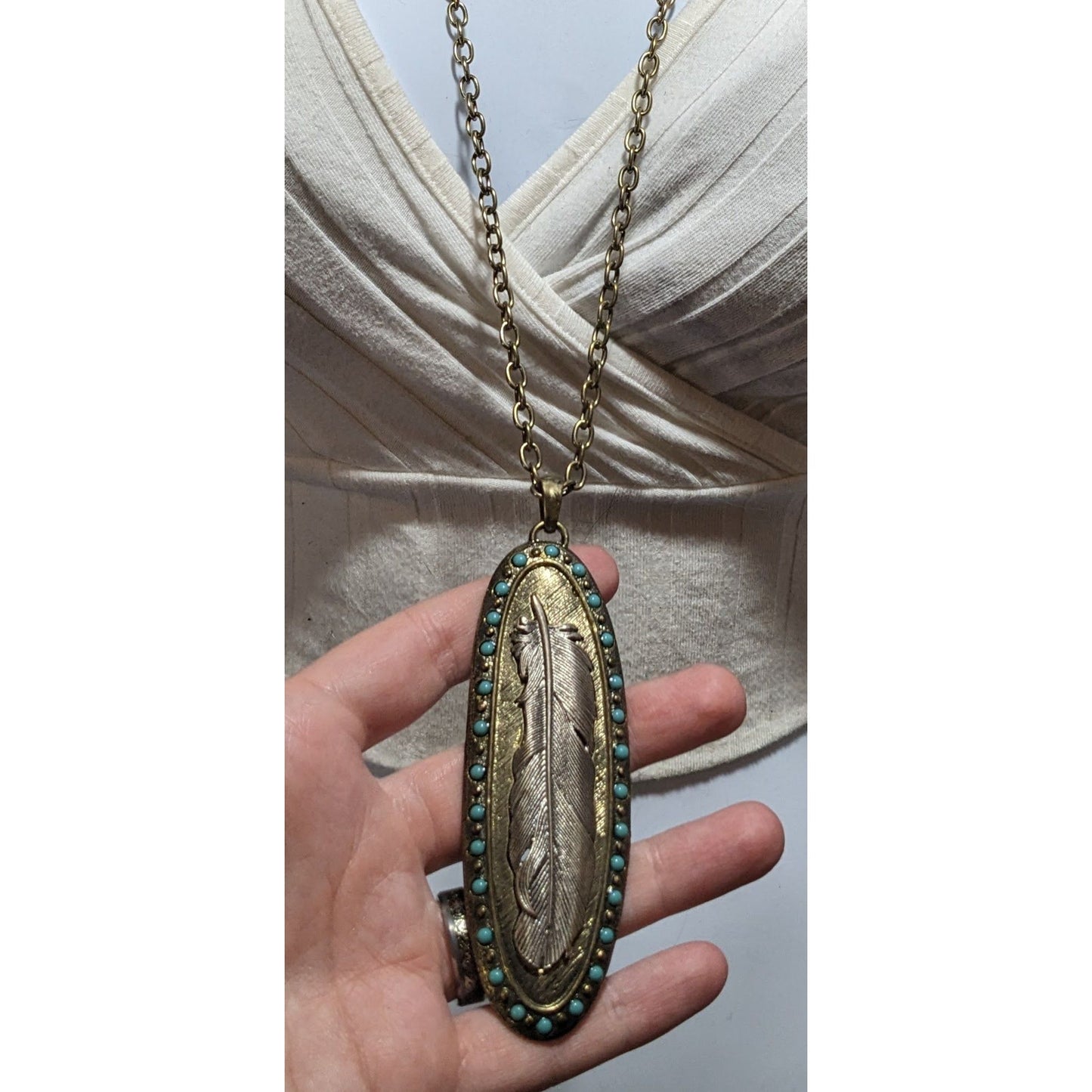 Bohemian Metal Turquoise Feather Pendant Necklace