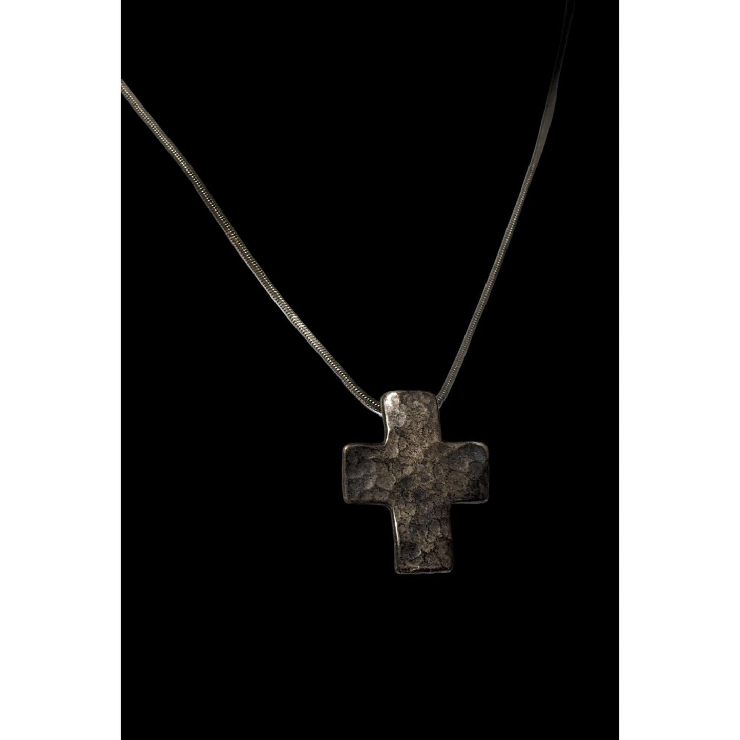 Vintage Sterling Silver Hammered Oxidized Cross Necklace