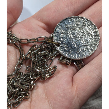 Replica Ancient Coin Silver Tone Pendant Necklace