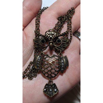 Vintage Brass Owl Pendant Necklace With Rhinestones