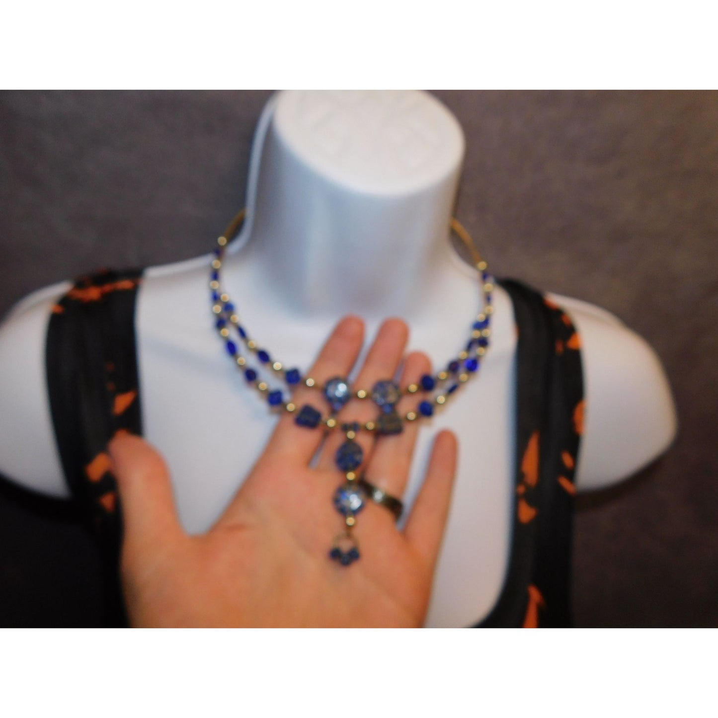 Blue And Gold Celestial Beaded  Necklace