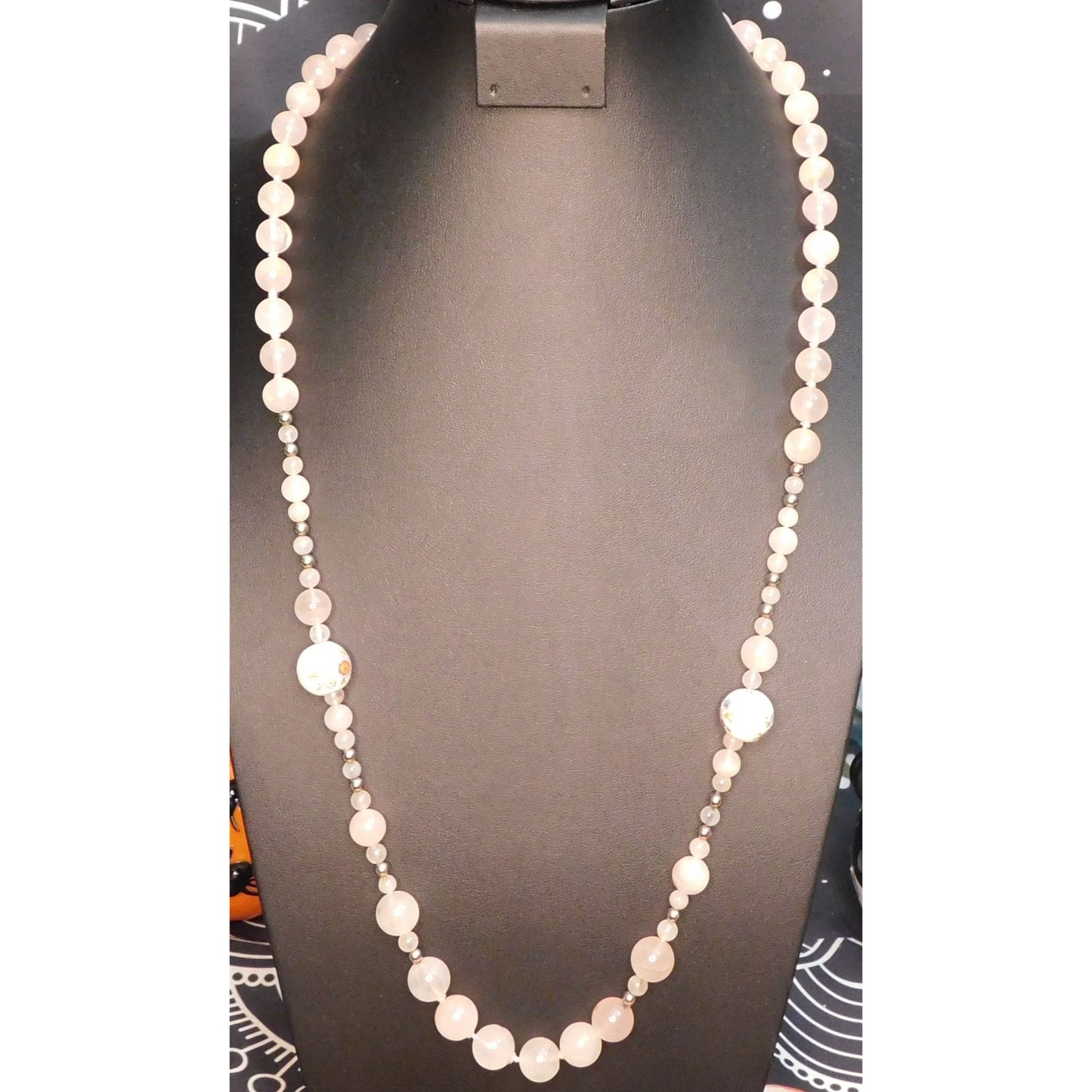 Vintage Coquette Floral Rose Quartz Beaded Necklace With Ceramic Floral Accents