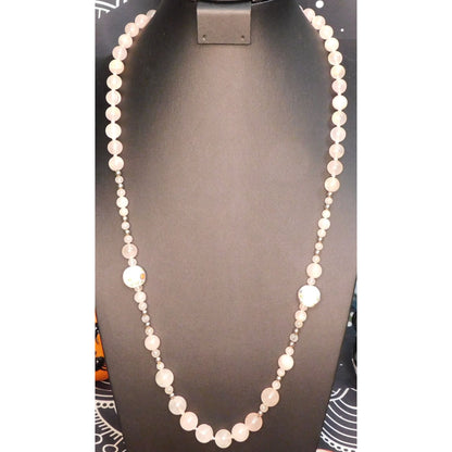 Vintage Coquette Floral Rose Quartz Beaded Necklace With Ceramic Floral Accents