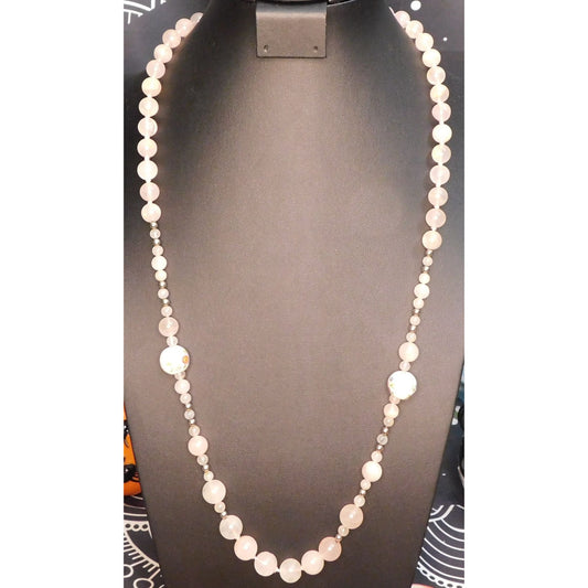 Vintage Coquette Floral Rose Quartz Beaded Necklace With Ceramic Floral Accents