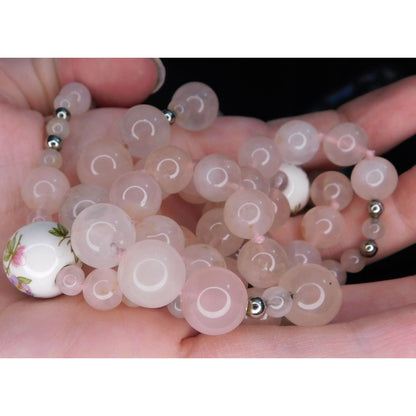 Vintage Coquette Floral Rose Quartz Beaded Necklace With Ceramic Floral Accents