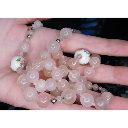 Vintage Coquette Floral Rose Quartz Beaded Necklace With Ceramic Floral Accents