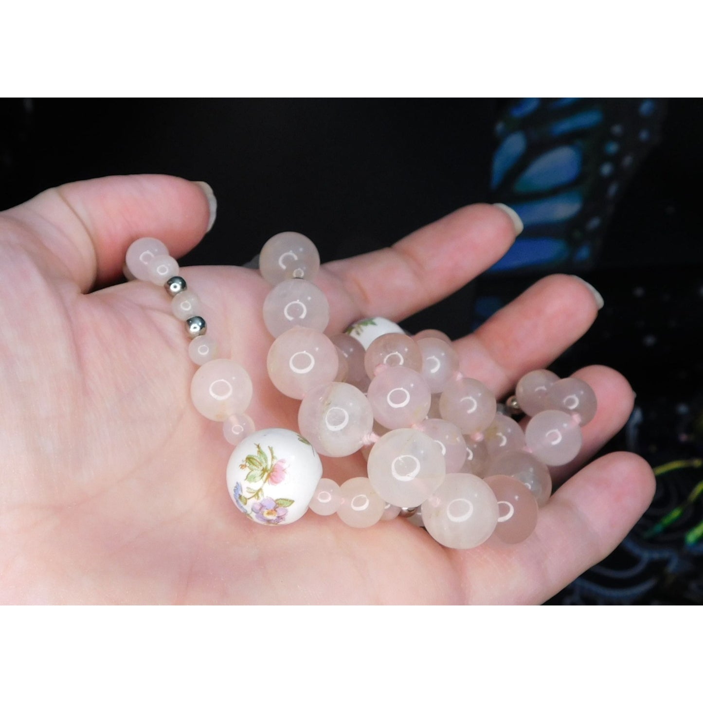 Vintage Coquette Floral Rose Quartz Beaded Necklace With Ceramic Floral Accents