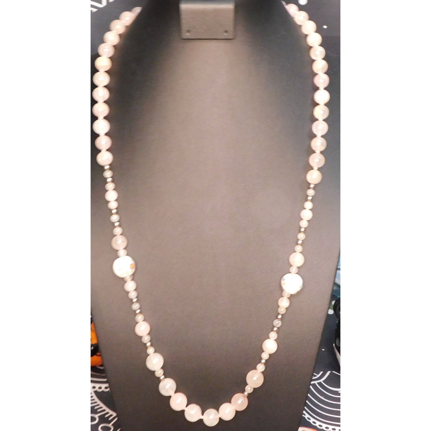 Vintage Coquette Floral Rose Quartz Beaded Necklace With Ceramic Floral Accents