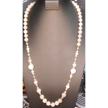 Vintage Coquette Floral Rose Quartz Beaded Necklace With Ceramic Floral Accents