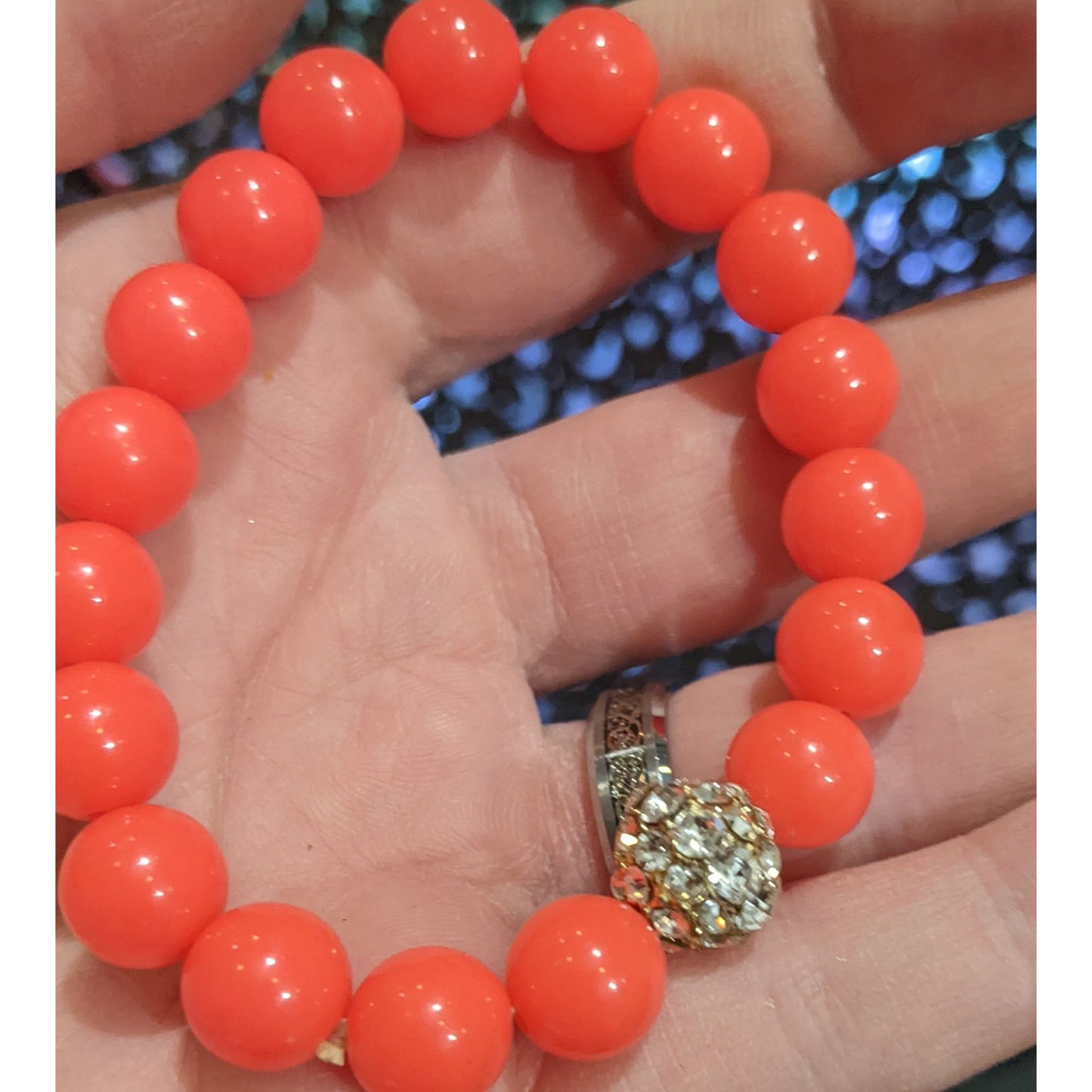 Neon Coral Rhinestone Beaded Stretch Bracelet