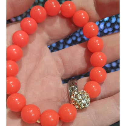 Neon Coral Rhinestone Beaded Stretch Bracelet