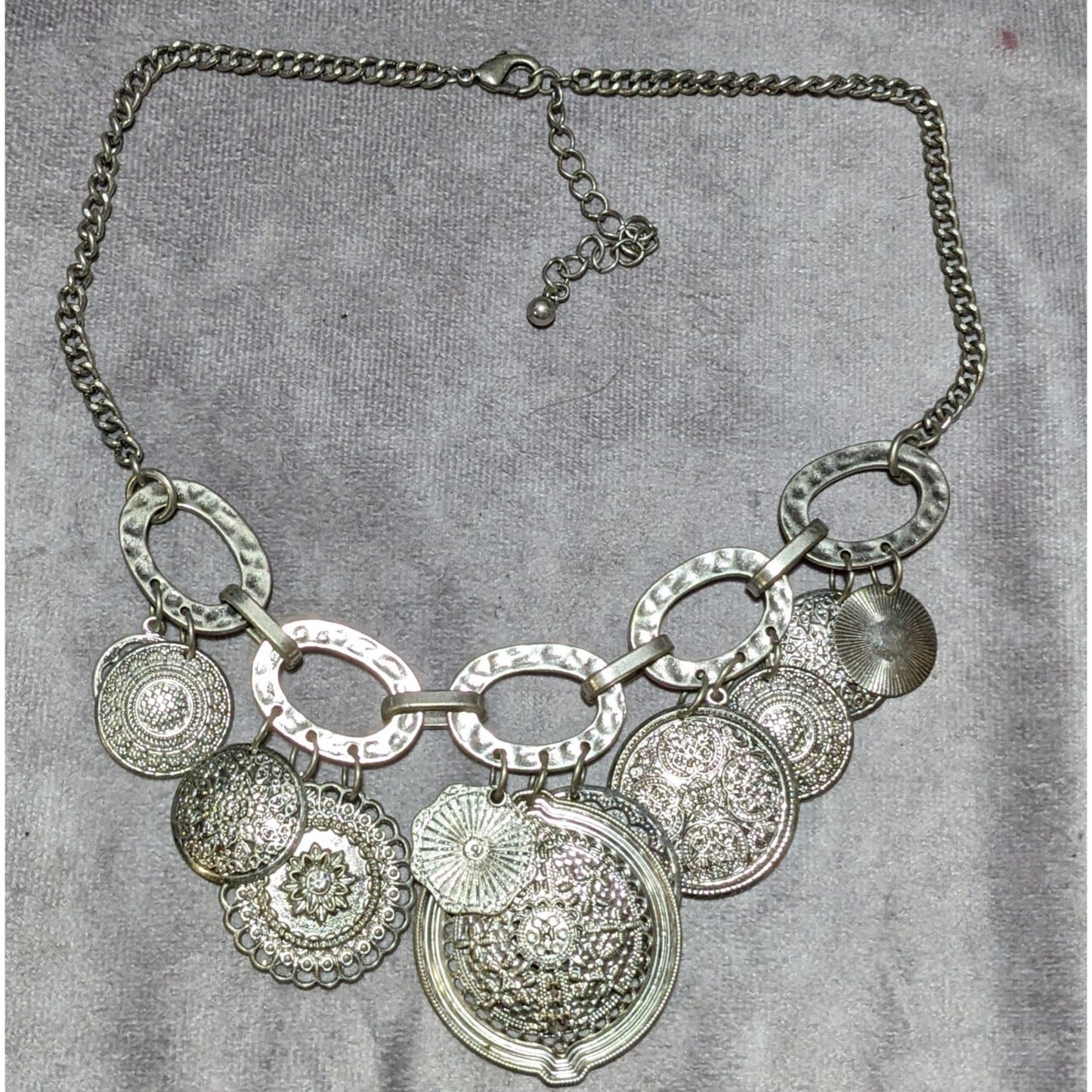 Silver Floral Medallion Embossed Charm Necklace