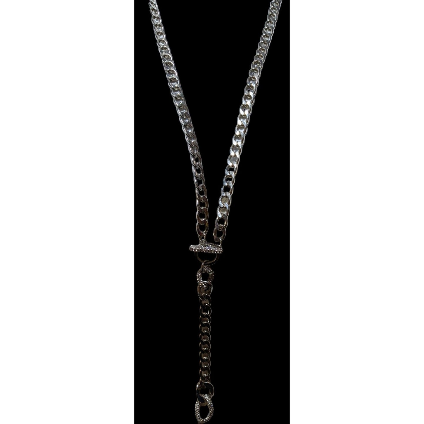 Silver Glam Chunky Chain Rhinestone Lariat Toggle Necklace