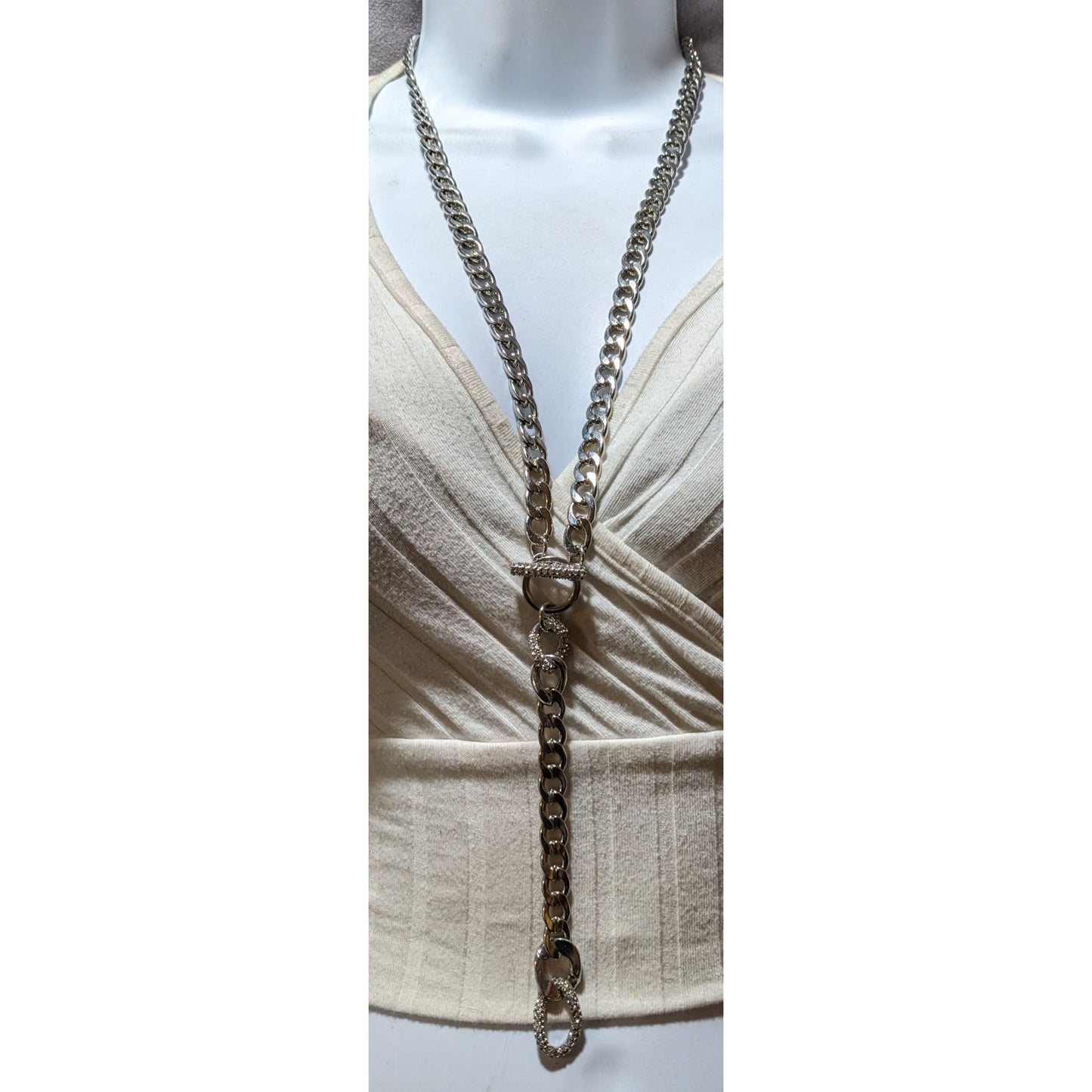 Silver Glam Chunky Chain Rhinestone Lariat Toggle Necklace