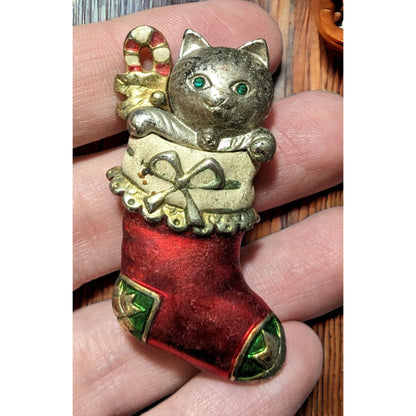 Vintage Danecraft Cat In Stocking Brooch