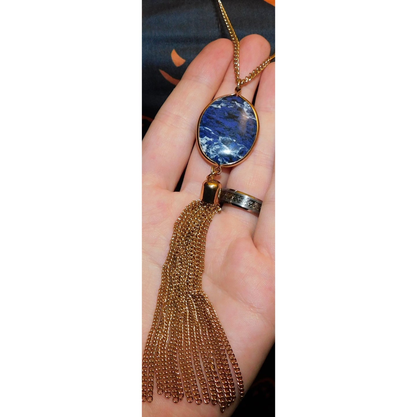Bohemian Blue Gemmed Pendant Necklace With Gold Tone Chain Tassel