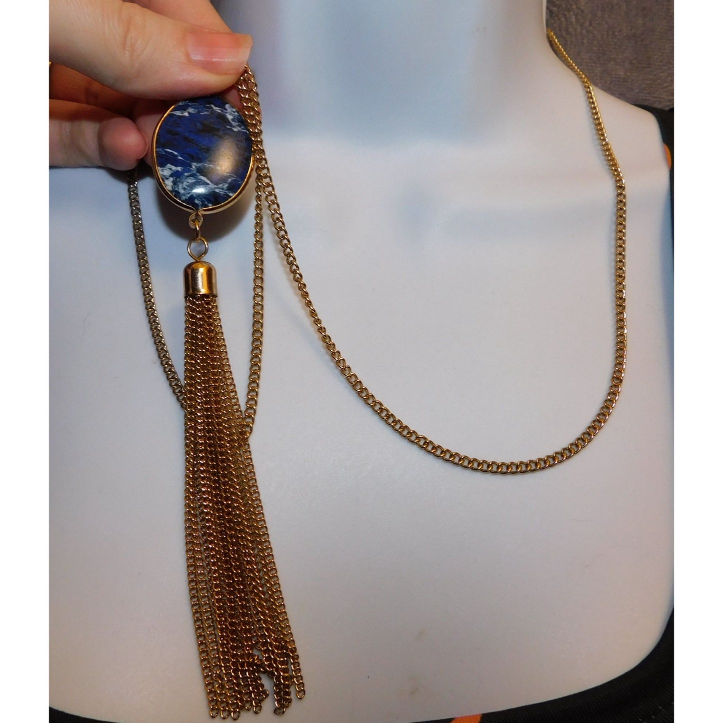 Bohemian Blue Gemmed Pendant Necklace With Gold Tone Chain Tassel