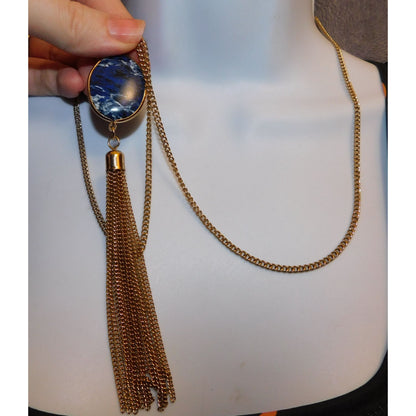Bohemian Blue Gemmed Pendant Necklace With Gold Tone Chain Tassel