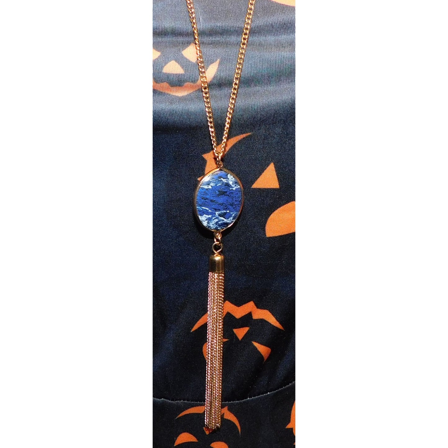 Bohemian Blue Gemmed Pendant Necklace With Gold Tone Chain Tassel