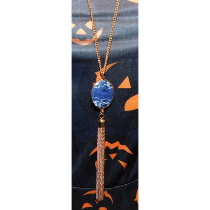 Bohemian Blue Gemmed Pendant Necklace With Gold Tone Chain Tassel