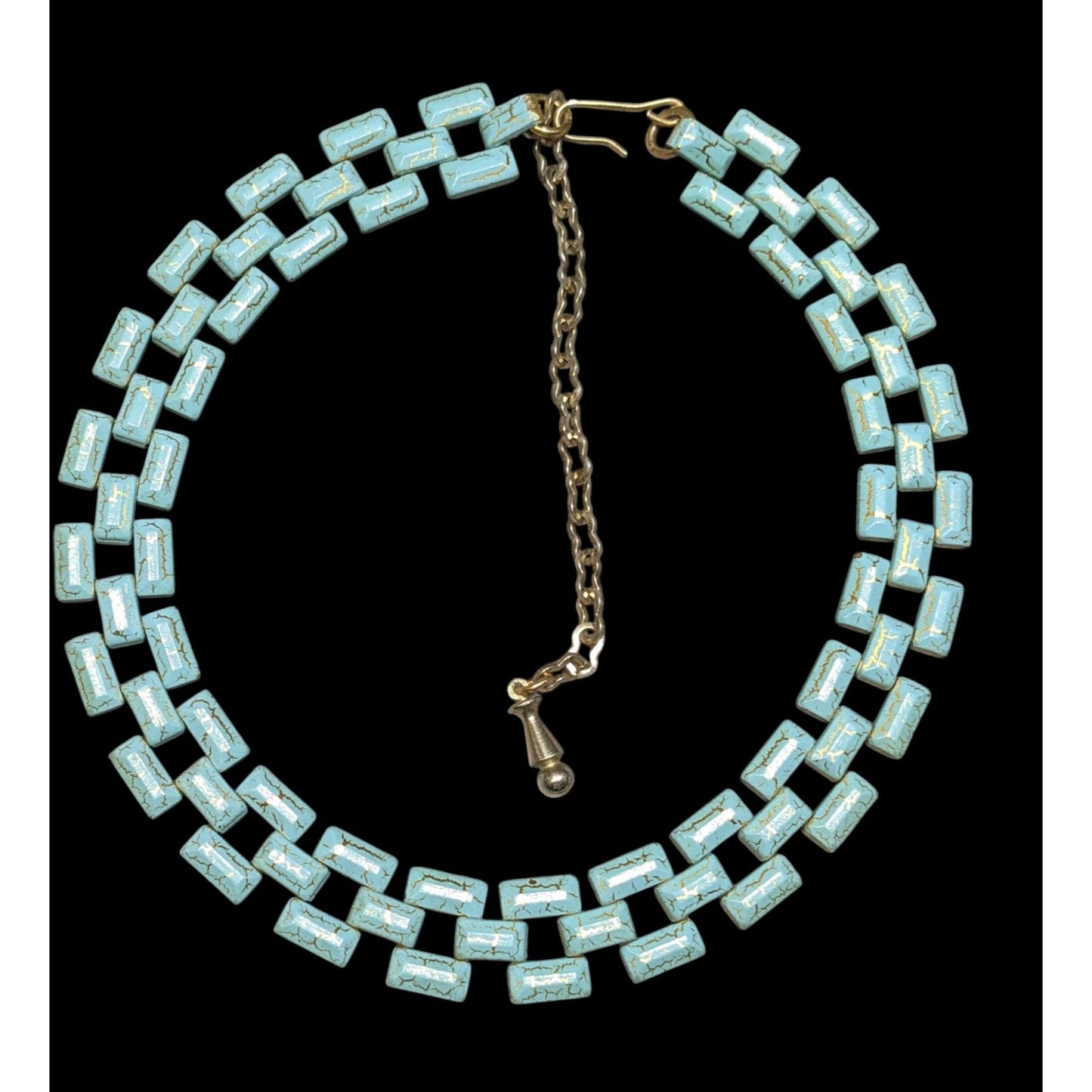 Vintage Turquoise & Gold Tone Chain Choker Necklace With Adjustable Chain Clasp