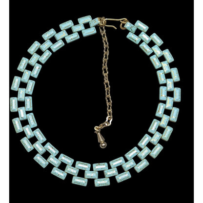 Vintage Turquoise & Gold Tone Chain Choker Necklace With Adjustable Chain Clasp