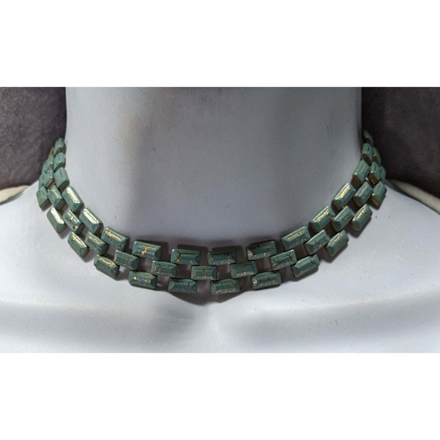 Vintage Turquoise & Gold Tone Chain Choker Necklace With Adjustable Chain Clasp
