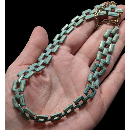 Vintage Turquoise & Gold Tone Chain Choker Necklace With Adjustable Chain Clasp