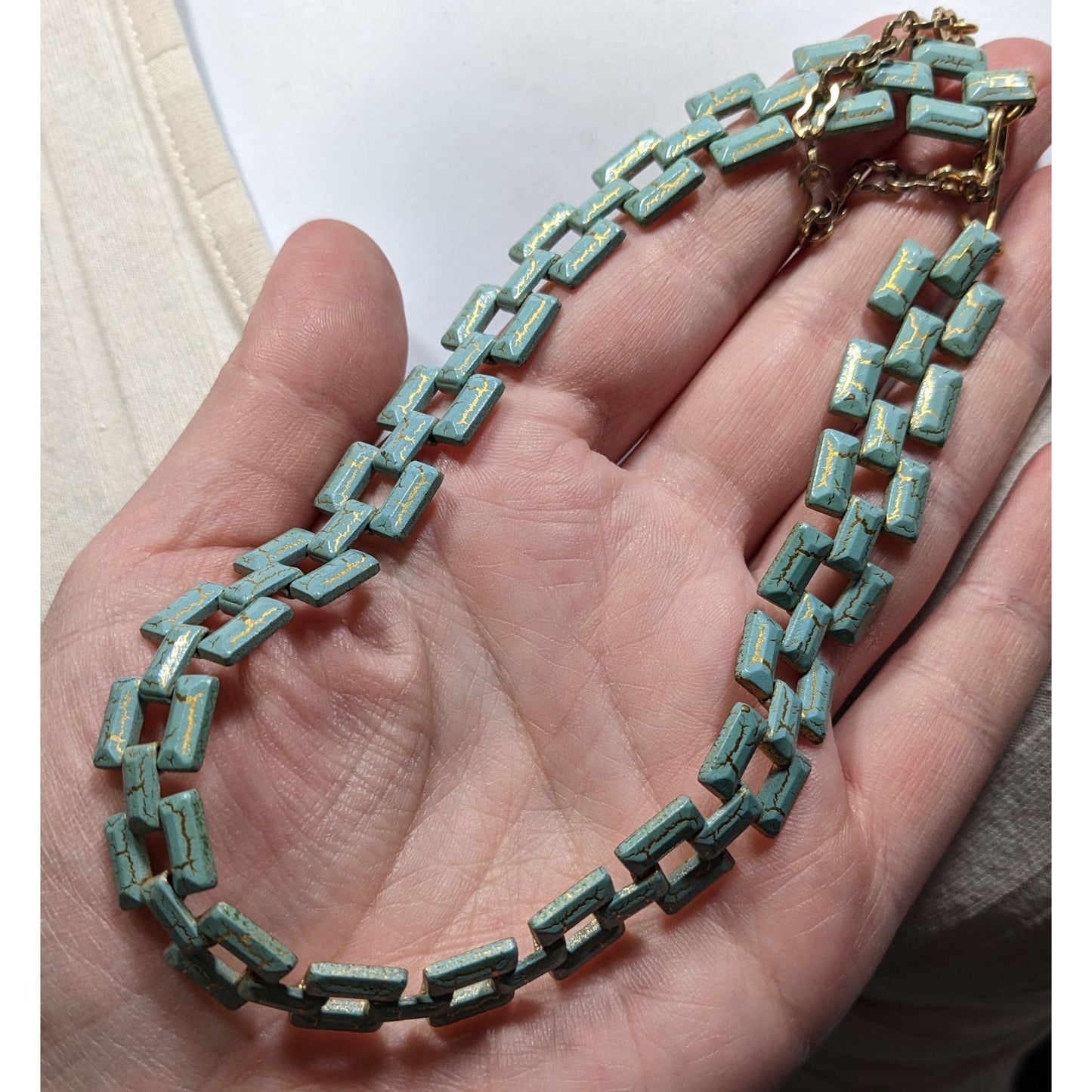 Vintage Turquoise & Gold Tone Chain Choker Necklace With Adjustable Chain Clasp