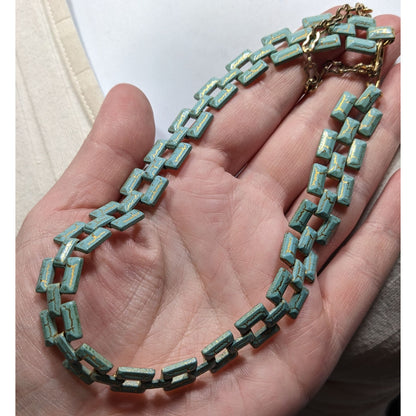 Vintage Turquoise & Gold Tone Chain Choker Necklace With Adjustable Chain Clasp