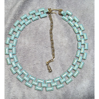 Vintage Turquoise & Gold Tone Chain Choker Necklace With Adjustable Chain Clasp