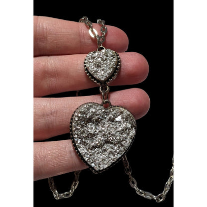 Silver Druzy Double Heart Necklace