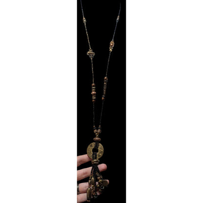 Vintage Southwestern Black And Gold Beaded Tassel Necklace