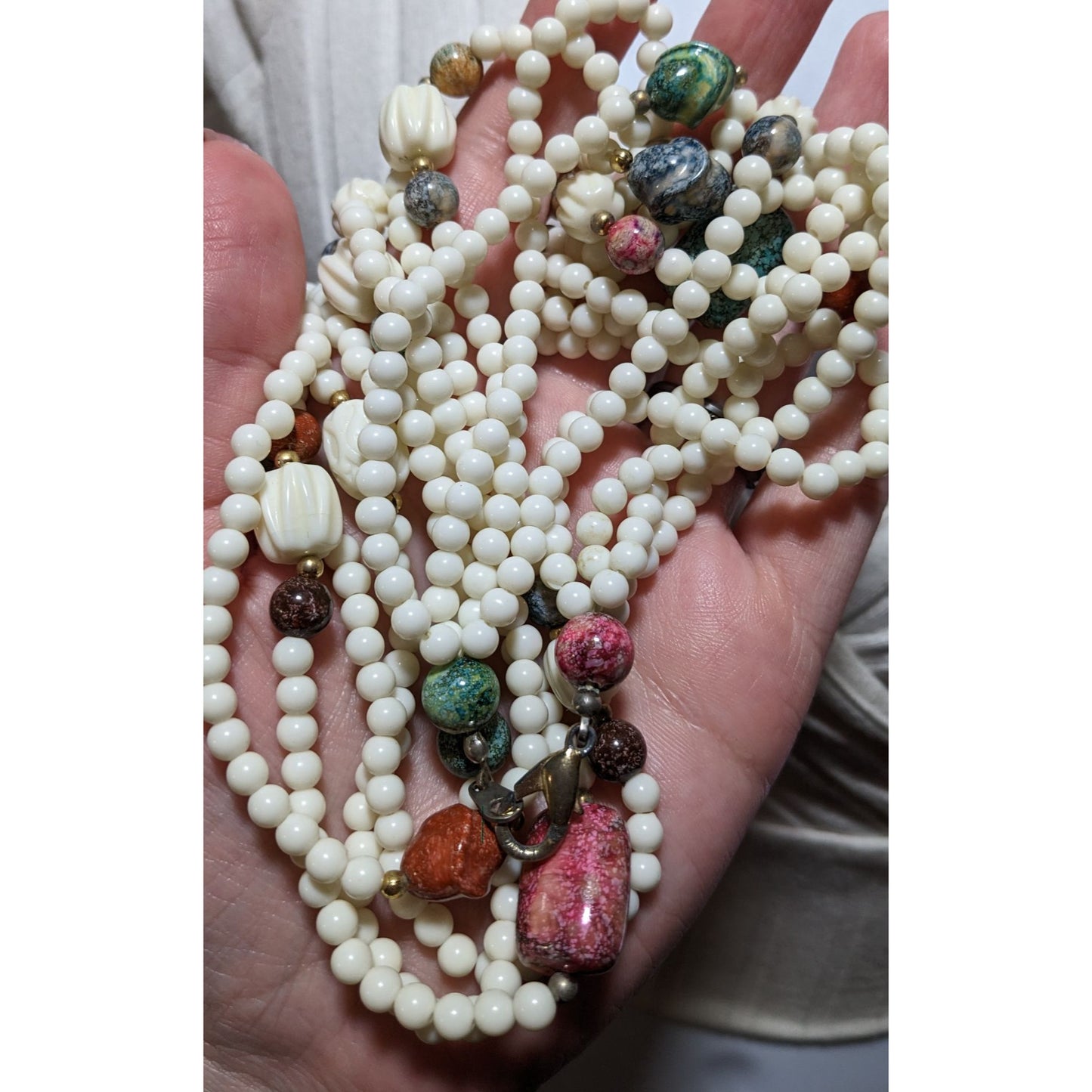 Vintage White And Rainbow Beaded Lucite Necklace