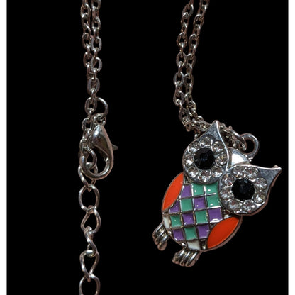 Rainbow Enamel Rhinestone Owl Pendant Necklace