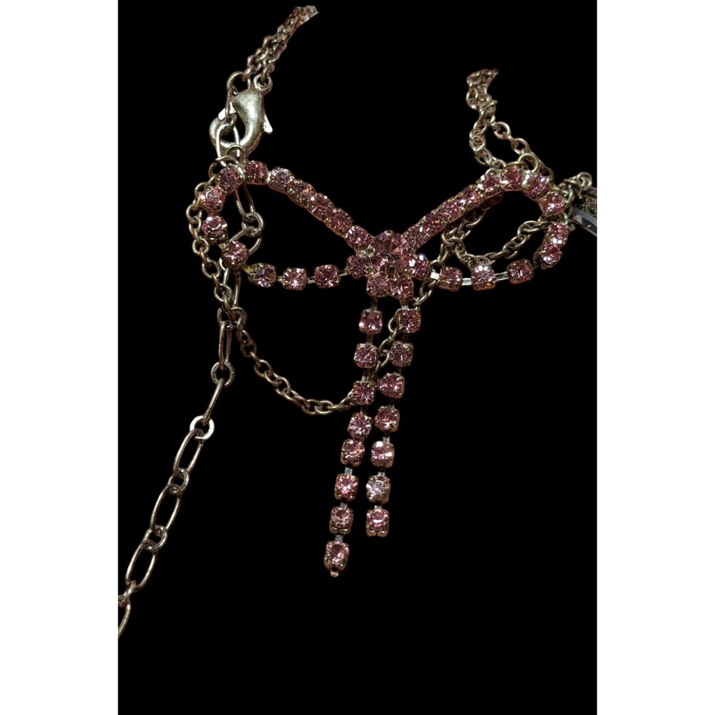 Vintage Coquette Pink Rhinestone Bow Necklace