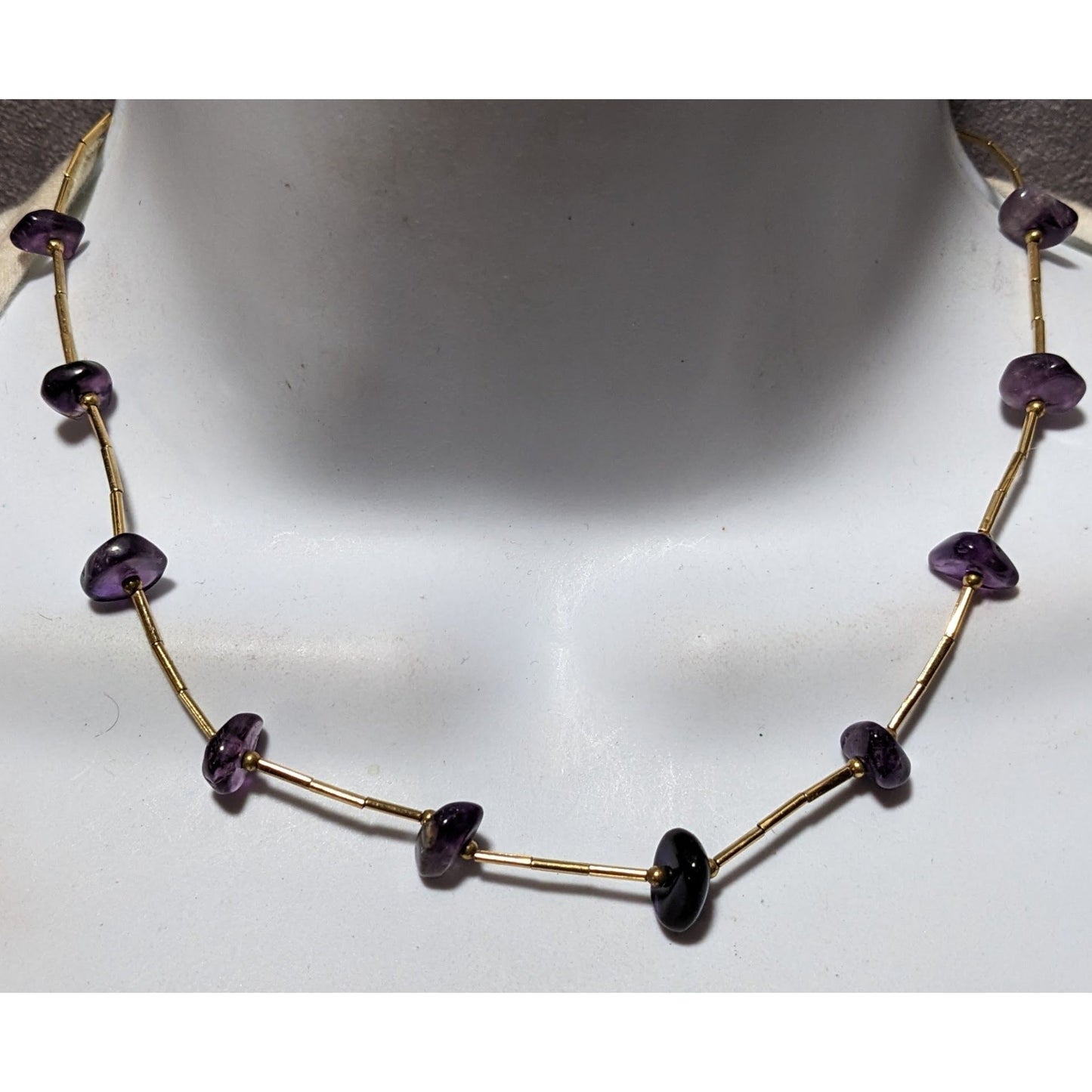 Elegant Amethyst Chip Gold Tube Beaded Necklace