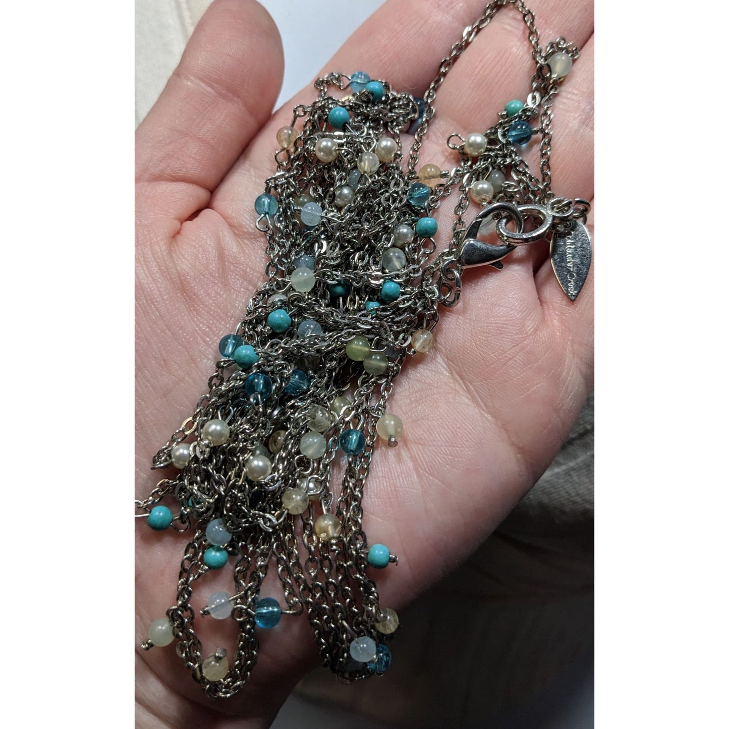 Vintage 90s Coldwater Creek Layered Chain And Charm Necklace Blue And Silver TOne